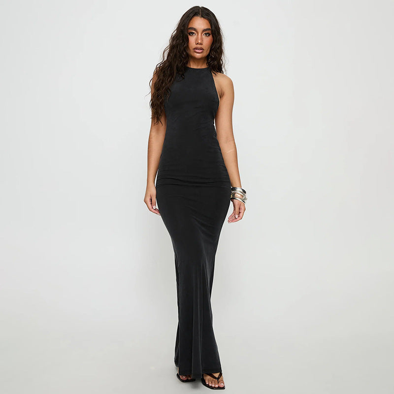 Damen elegantes Maxikleid mit haltem Ausschnitt und figurbetontem Schnitt EB