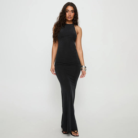 Damen elegantes Maxikleid mit haltem Ausschnitt und figurbetontem Schnitt EB