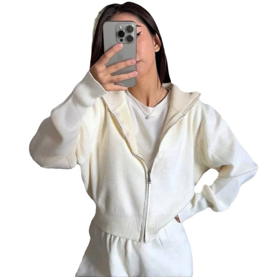 Damen Sportlicher Strickpullover mit hohem Kragen und Reißverschluss EB