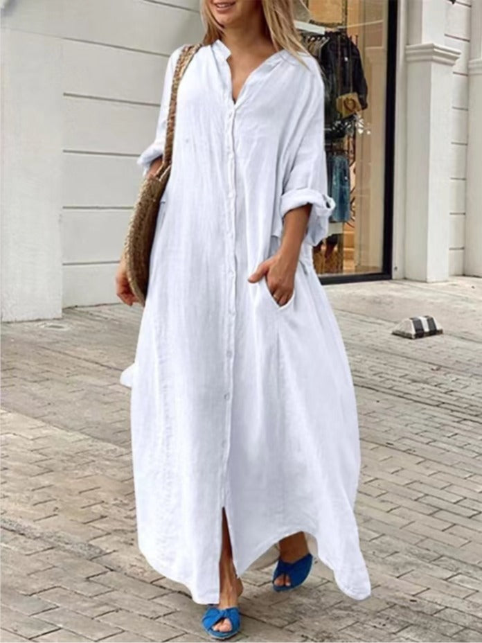 EB | Einreiher Baumwoll-Leinen Plus Size Langkleid