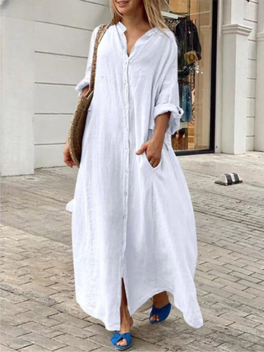 EB | Einreiher Baumwoll-Leinen Plus Size Langkleid