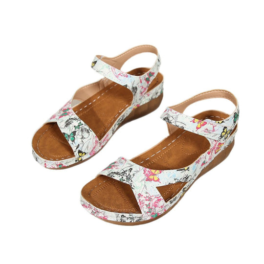 Damen Bequeme Wedge-Sandalen mit breitem Riemen und floralem Design EB