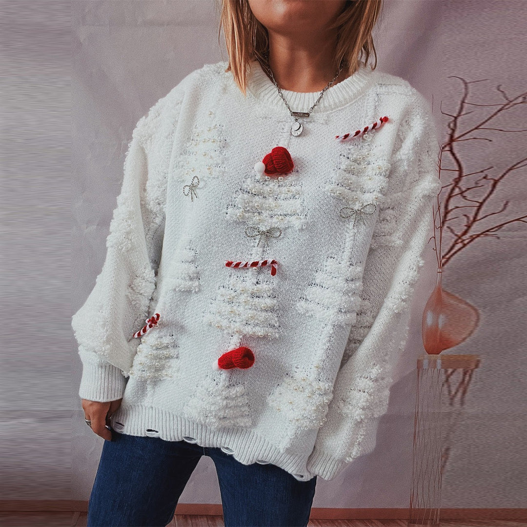 Damen festlicher Pullover mit kreativen Weihnachtsmotiven und strukturiertem Design EB