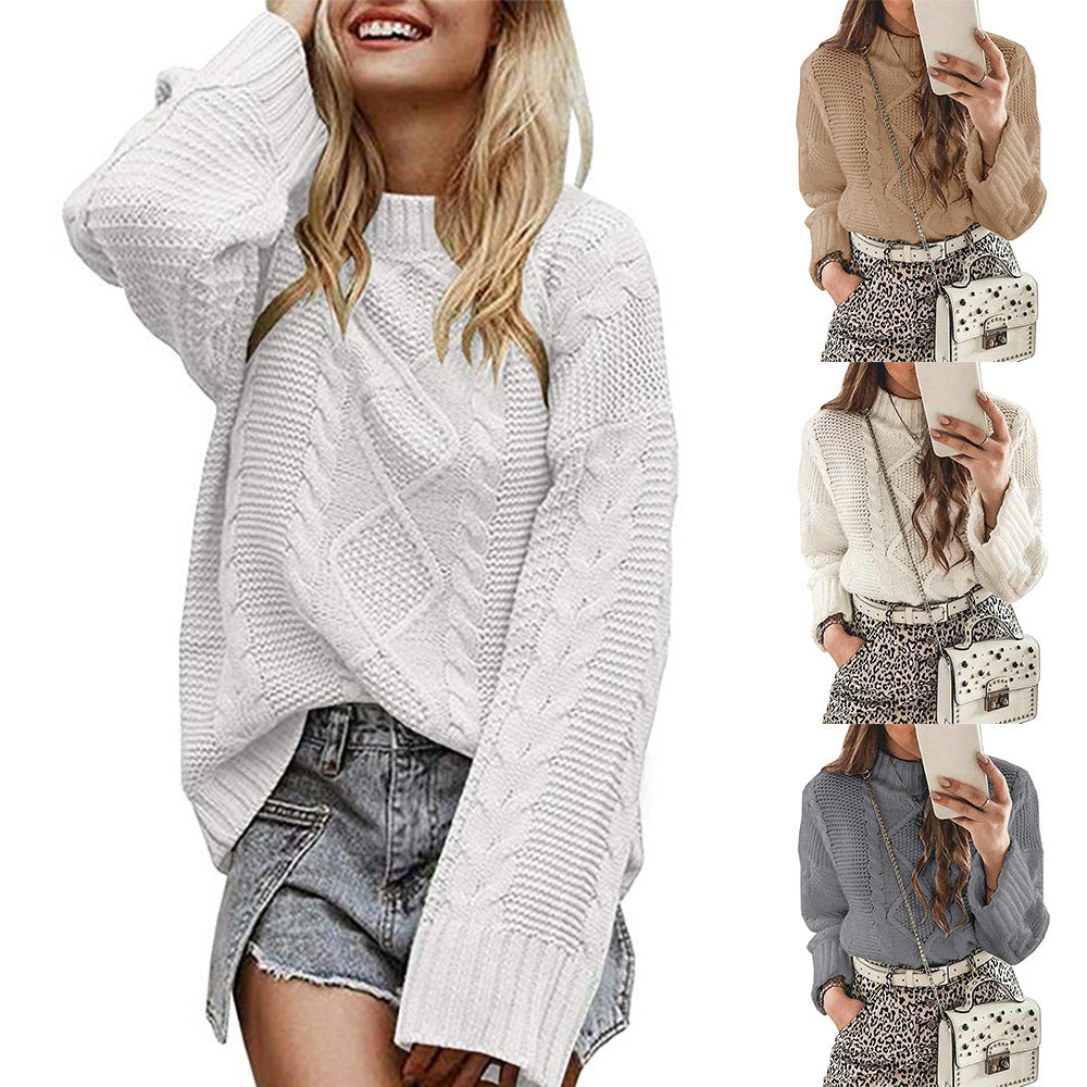 Damen modischer Strickpullover mit eleganten Zopfmustern und leichtem Rollkragen EB