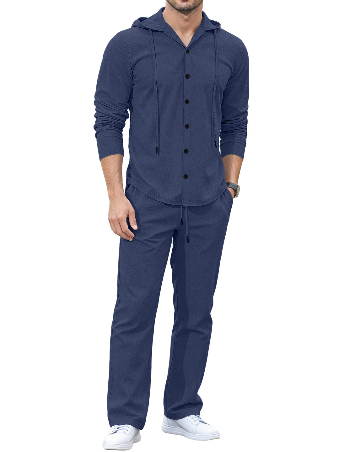 Herren Lässiges Knopf‑Hoodie Lounge‑Set aus Jersey mit Kordelzug und Komfort‑Jogger EB