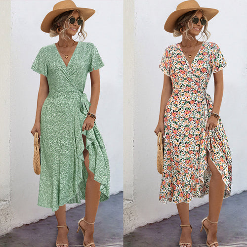 Damen Wickelkleid mit floralen Akzenten und seitlichem Schlitz EB