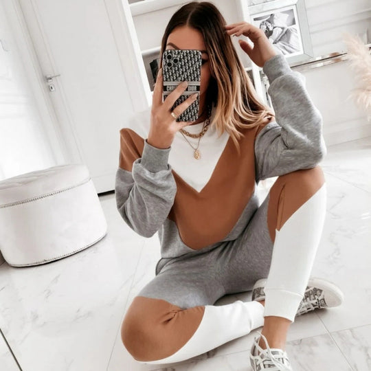 Damen nan sportives Colorblock-Sweatset mit Rundhalsausschnitt, Raglanärmeln und taillierter Jogginghose EB