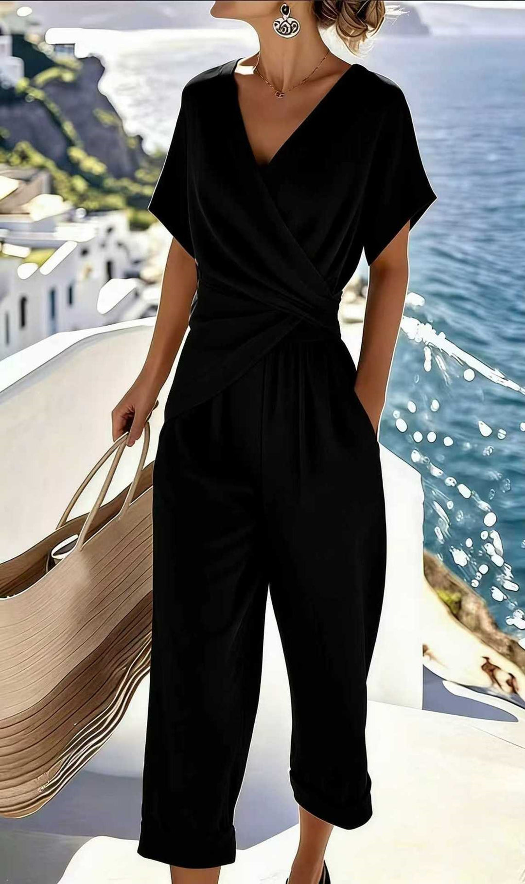 Damen Eleganter Jumpsuit mit Wickeloptik und breiten Beinen EB