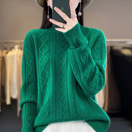 Damen Hochwertiger Strickpullover mit Stehkragen und Zopfdesign EB