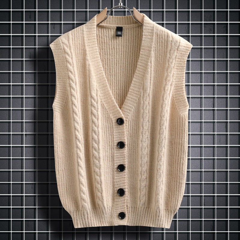 Herren ärmellose Strickjacke mit Zopfmuster und Knopfdetails EB