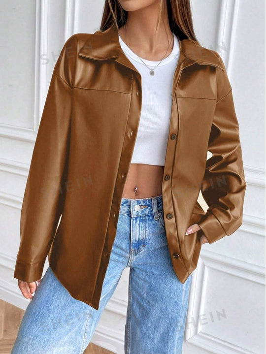 Damen modische Kunstlederjacke im schicken Oversized-Stil EB