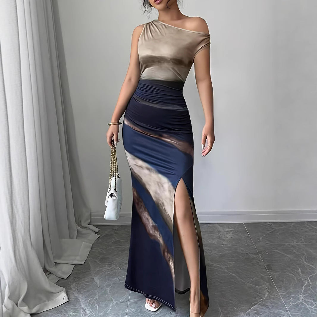 Damen Elegantes Maxikleid mit asymmetrischem Ausschnitt und seitlichem Schlitz EB