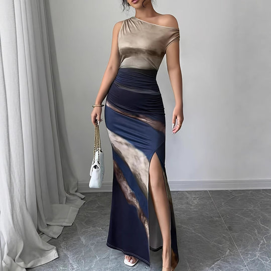 Damen Elegantes Maxikleid mit asymmetrischem Ausschnitt und seitlichem Schlitz EB