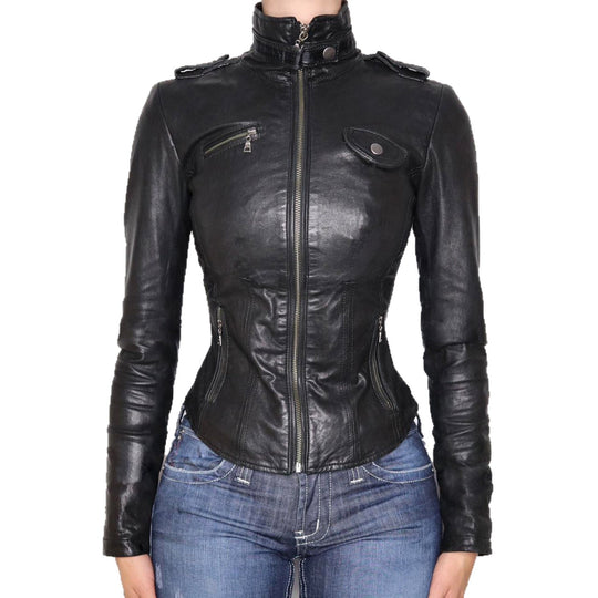 Damen nan taillierte Kunstleder-Bikerjacke mit Stehkragen, Schulterpatten und Reißverschlusstaschen EB