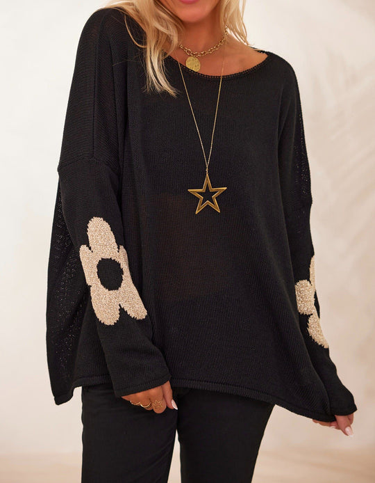 Damen grob gestrickter Pullover mit floralem Design und weitem Schnitt EB