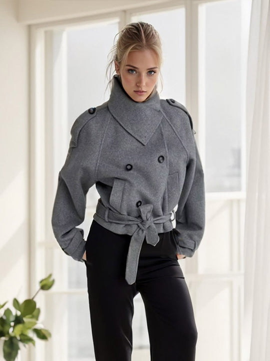 Damen modische Oversized-Wolljacke mit hohem Kragen und Gürtel EB