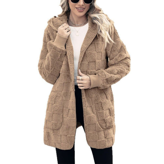 Damen nan kuschelige Kapuzen-Longjacke aus Teddyfleece mit aufgesetzten Taschen und strukturierter Karooptik EB