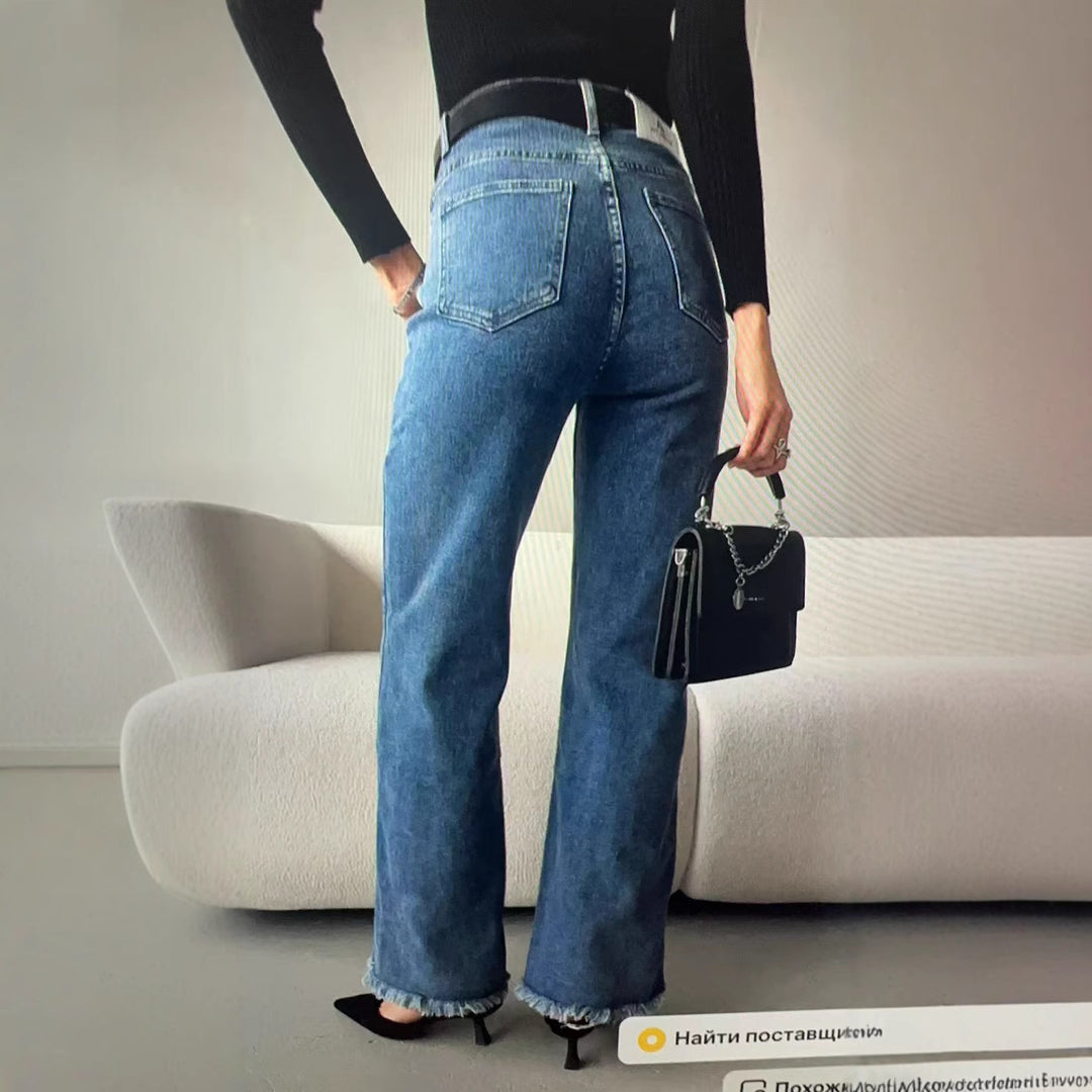 Damen Hochgeschnittene weite Jeanshose im Vintage-Style mit authentischem Used-Look EB