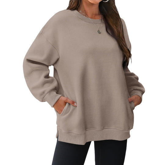 Damen nan verlängertes Oversize Rundhalspullover mit seitlichen Eingrifftaschen, Rippbündchen und überschnittener Schulter EB