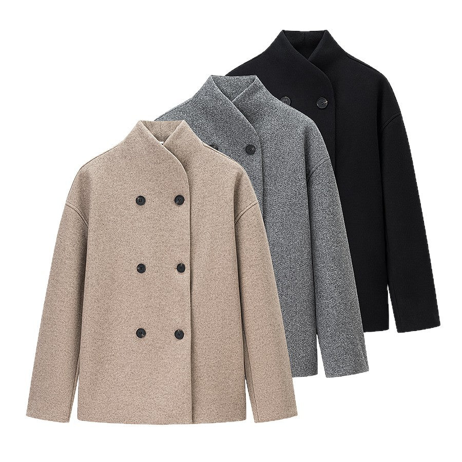 Damen Oversized Wolljacke mit doppelter Knopfleiste und modernem Stehkragen EB