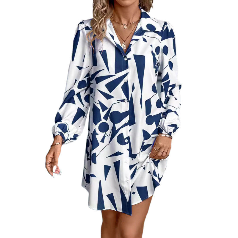 Damen geometrischer Druck Knopf-up Kleid EB