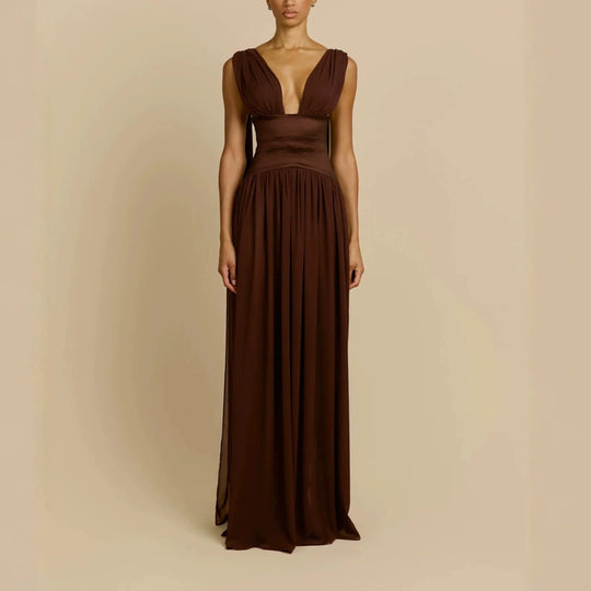 Damen Elegantes Langarm-Maxikleid mit tiefem V-Ausschnitt EB