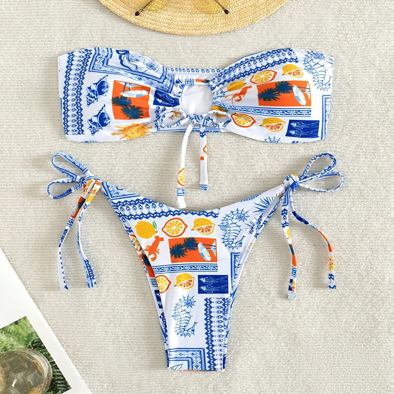 Damen Bandeau-Bikini-Set mit floralem Muster und verstellbaren Bändern EB