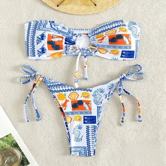 Damen Bandeau-Bikini-Set mit floralem Muster und verstellbaren Bändern EB