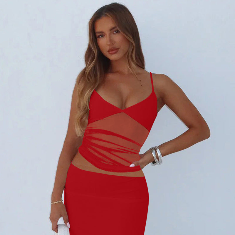 Damen Spaghetti-Träger Blusenoberteil mit transparenter Drapierung EB
