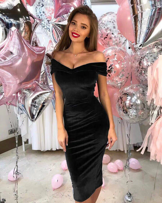 Damen Elegantes Wickelkleid aus samtigem Stoff mit off-shoulder Design EB