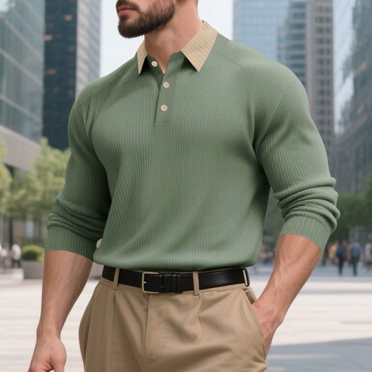 Herren lässiges Langarm-T-Shirt mit strukturiertem Stoff und modischem Kragen EB