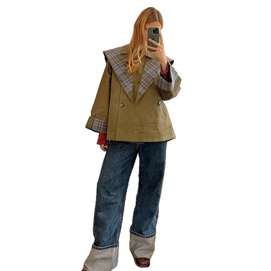 Damen modische Oversized Jacke mit kariertem Kragen EB