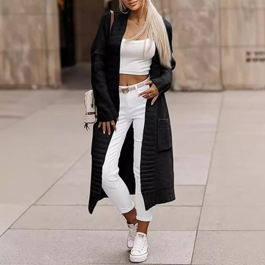 Damen Großer Strickmantel mit tiefen Taschen und offenem Design EB