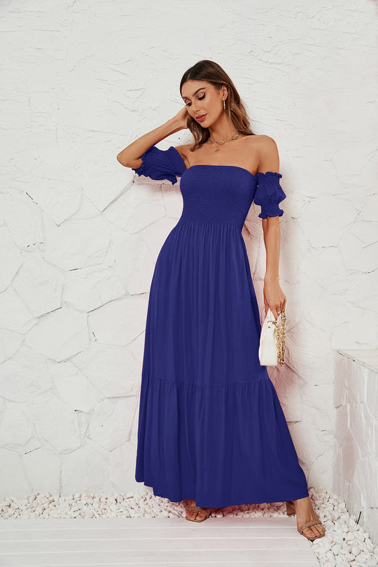 Damen Maxikleid mit schulterfreiem Schnitt und romantischen Puffärmeln EB