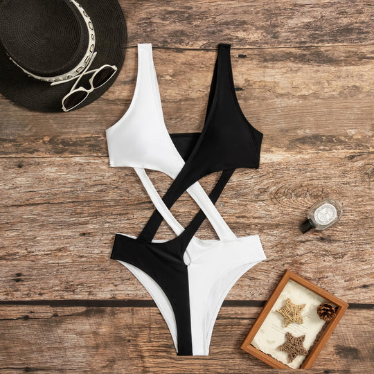 Damen Cut-Out Einteiler Badeanzug mit asymmetrischem Design und modischen Trägern EB