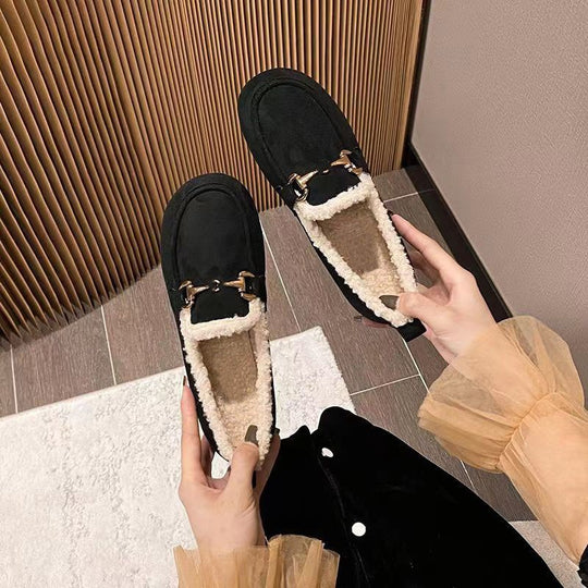 Damen Flauschige Mokassins mit elegantem Kunstfellkragen und modischen Details EB