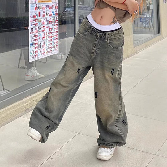 Damen Weiße Stoffhose mit modischen Stickereien EB