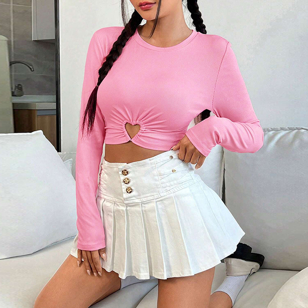 Damen gerafftes Crop-Top mit Herz-Cutout, langärmlig und feiner Rippstruktur Eichborn Berlin