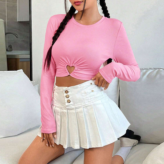 Damen gerafftes Crop-Top mit Herz-Cutout, langärmlig und feiner Rippstruktur Eichborn Berlin