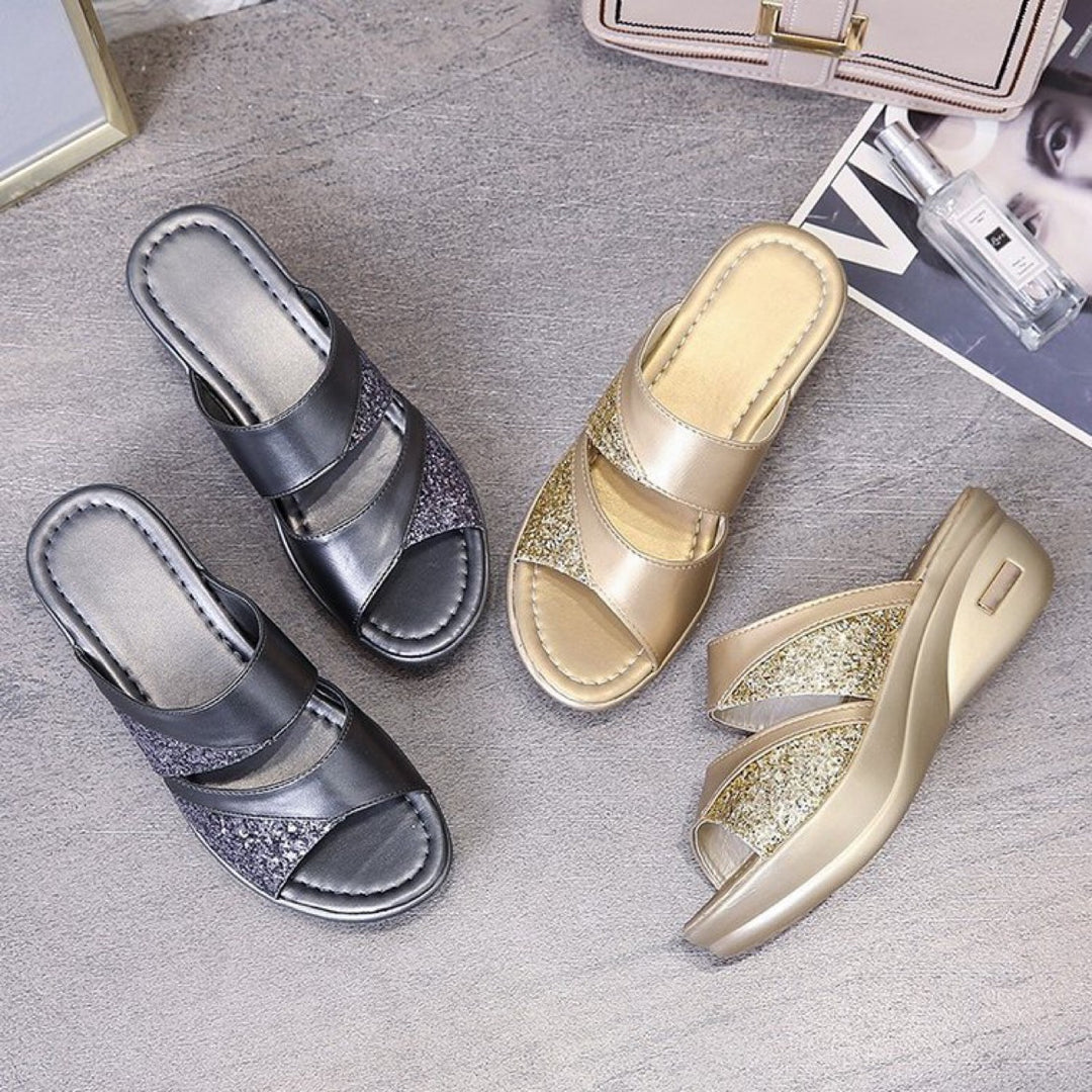 Damen glamouröse Wedge-Pantoletten mit Glitzerakzenten EB