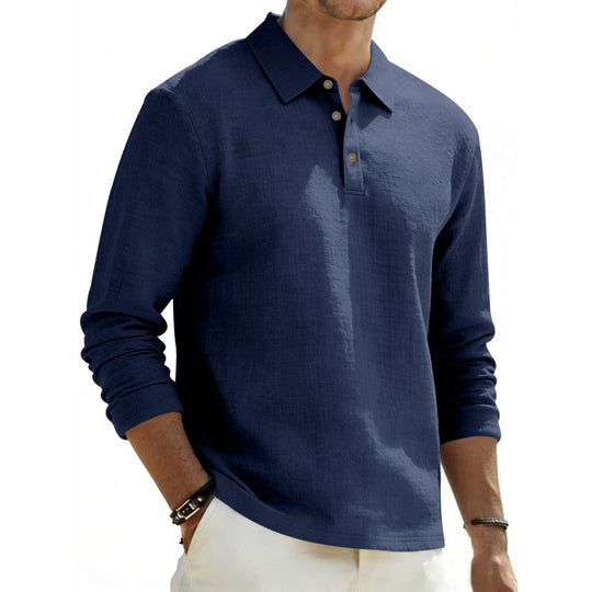 Herren nan Langarm-Poloshirt aus Leinen mit Henley-Knopfleiste und Kentkragen EB