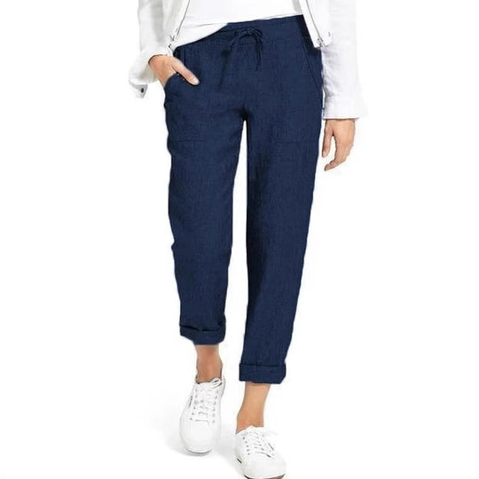 Damen entspannte Leinenhose mit elastischem Bund und praktischen Taschen EB