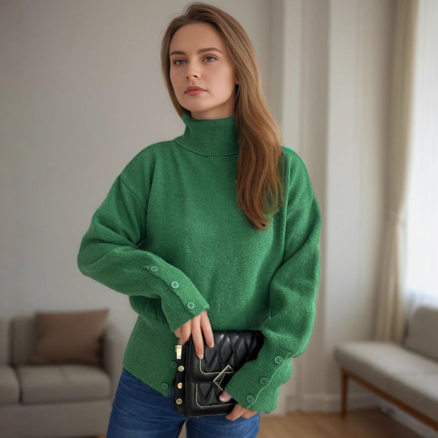 Damen modischer Rollkragenpullover mit Knopfdetails und asymmetrischem Saum EB