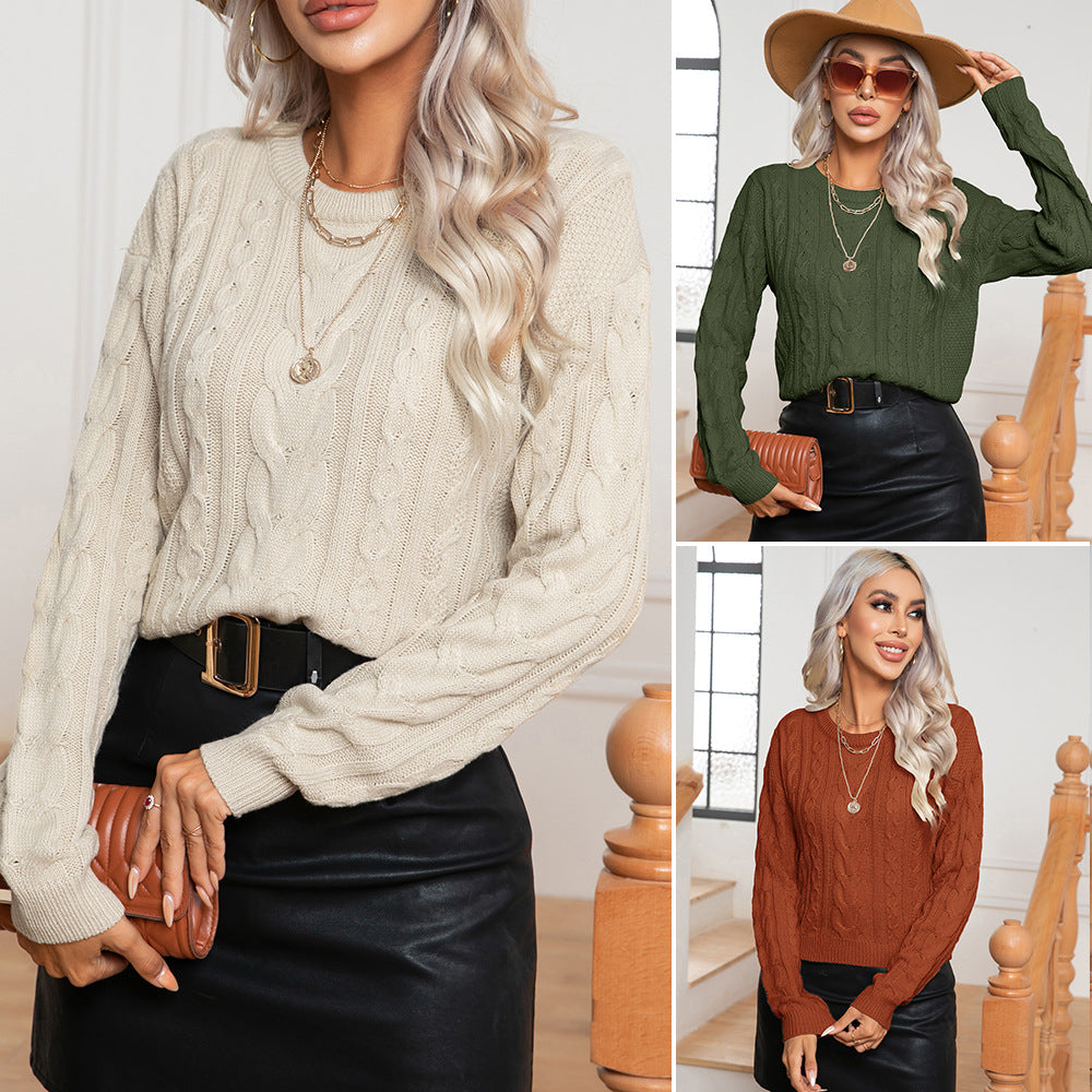 Damen Strickpullover mit Zopfmuster und elastischem Bund EB
