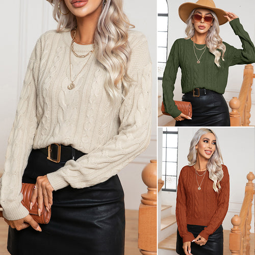 Damen Strickpullover mit Zopfmuster und elastischem Bund EB