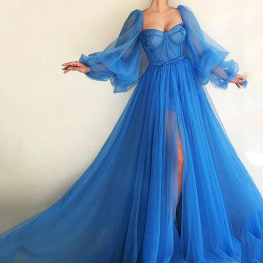 Damen Tüll Abendkleid mit voluminösen Ärmeln und seitlichem Schlitz EB