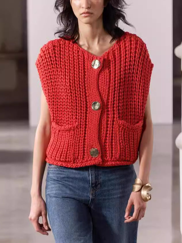 Damen Strickweste mit Knöpfen und Taschen EB