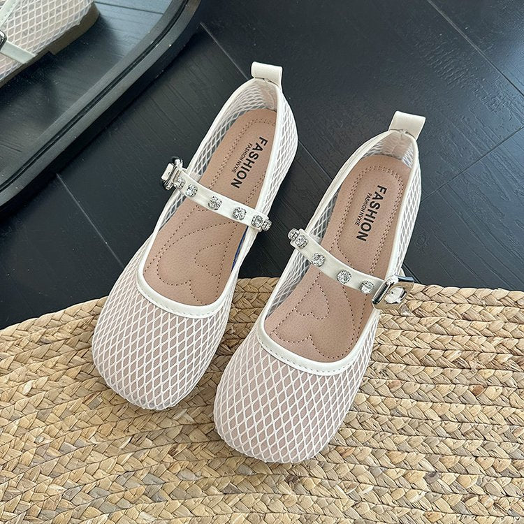 Damen Ballerinas mit dekorativem Netzdesign und funkelndem Riemen EB