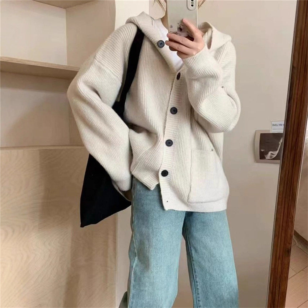 Damen kuschelige Strickjacke mit Kapuze und großen Taschen EB