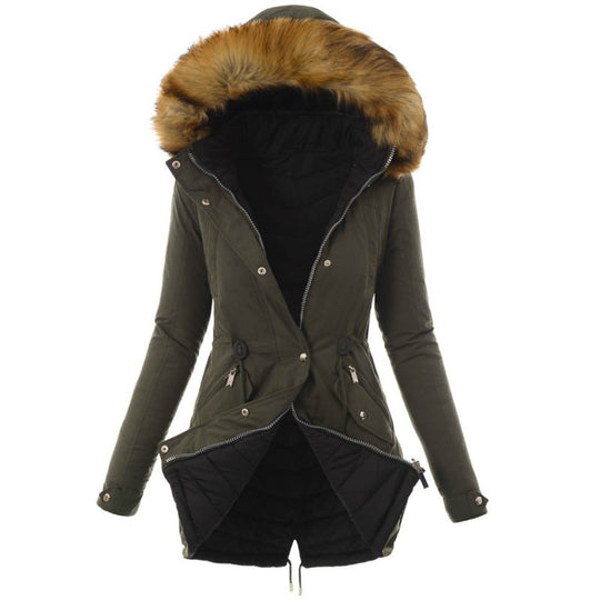 Damen modische Winterjacke mit abnehmbarem Kunstfellkragen EB